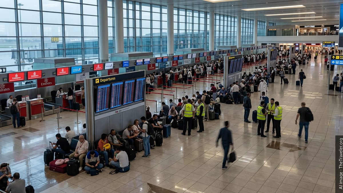 Passengers waiting in a busy Dubai International Airport terminal during weather-related flight disruptions.