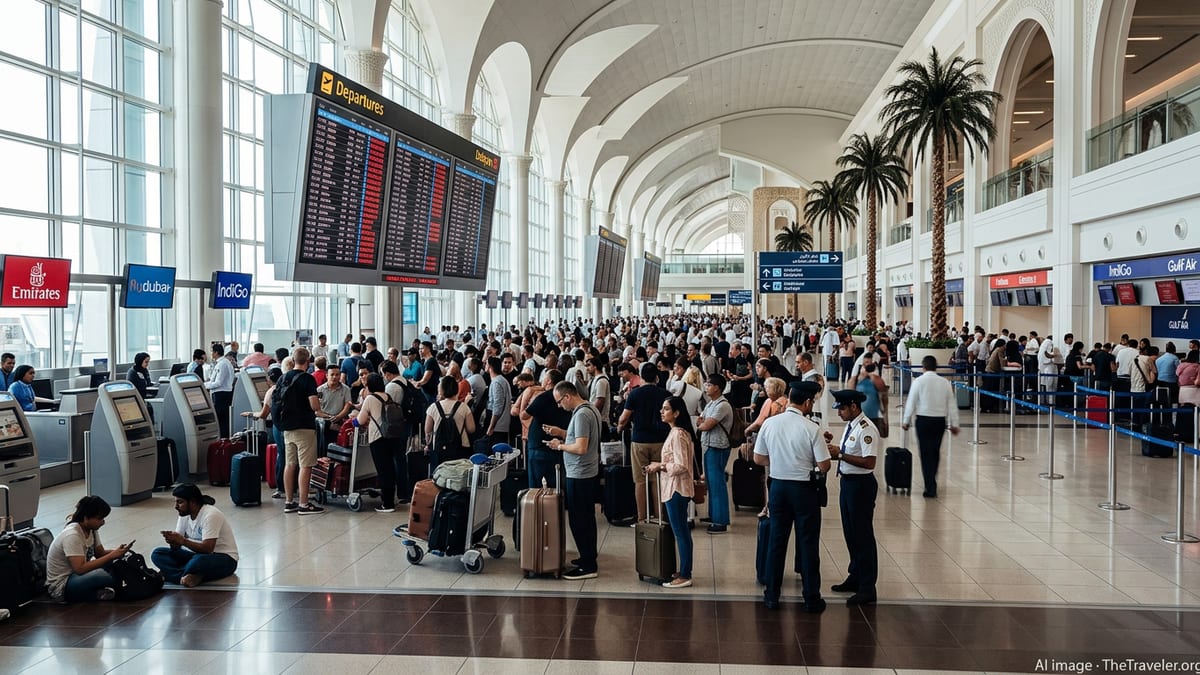 Crowded departures hall at Dubai International Airport with passengers waiting under boards showing cancelled and delayed fl