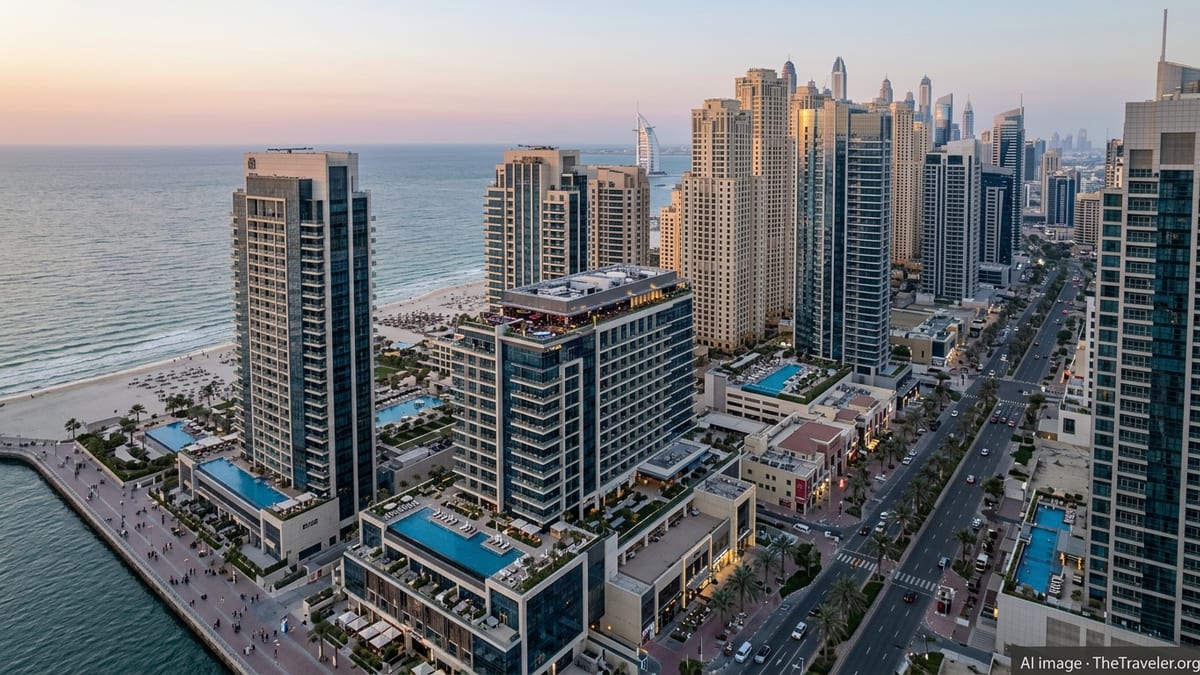 Aerial view of Dubai’s waterfront lined with luxury high-rise hotels at sunset.