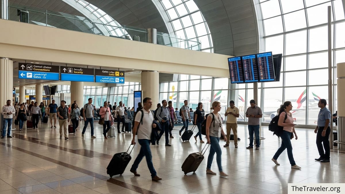 Busy departures concourse at Dubai International Airport with travelers connecting through Terminal 3.