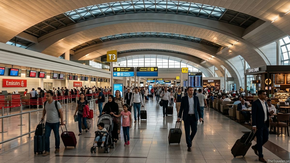 Busy departures hall at Dubai International Airport Terminal 3 with travelers and gate signage.