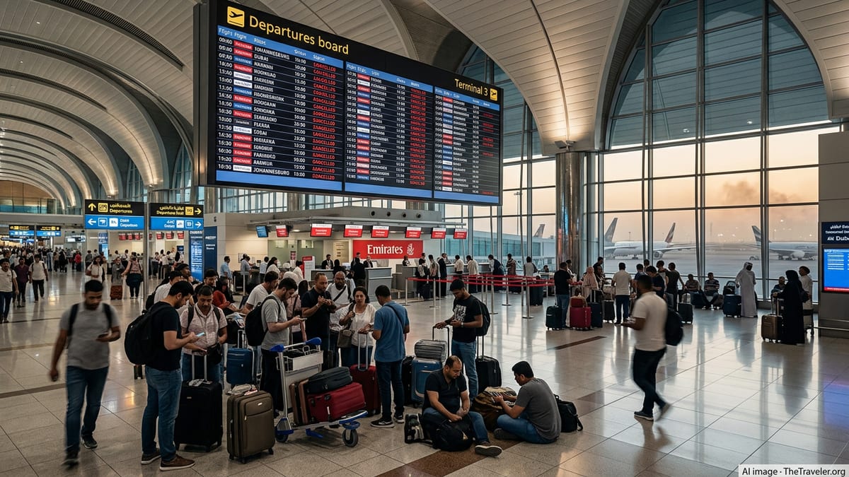 Crowded Dubai airport departures hall with cancelled flights board and anxious passengers bound for Johannesburg.