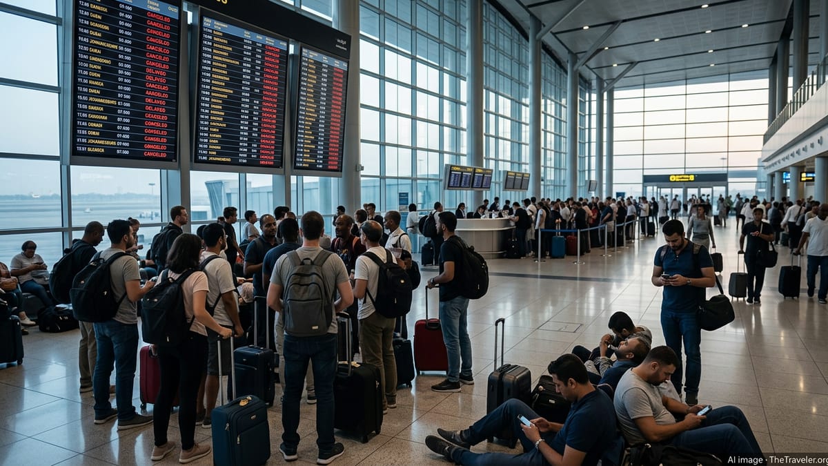 Crowds of stranded passengers beneath departure boards showing canceled flights in a modern international airport.