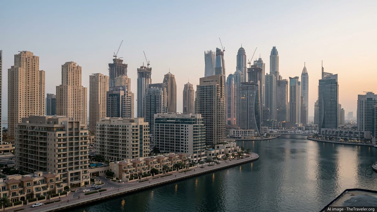 Dubai residential skyline at dusk with towers, cranes and marina reflecting bubble risk debate