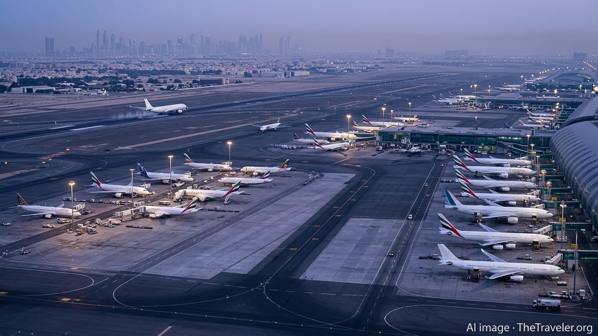 Twilight view over Dubai airport with a distant wide-body jet taking off amid mostly grounded aircraft.