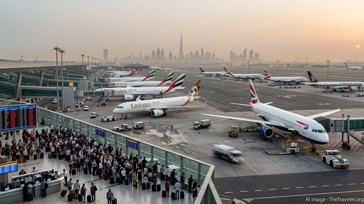 Grounded airliners at Dubai airport apron with cancelled flights on terminal boards at dusk.