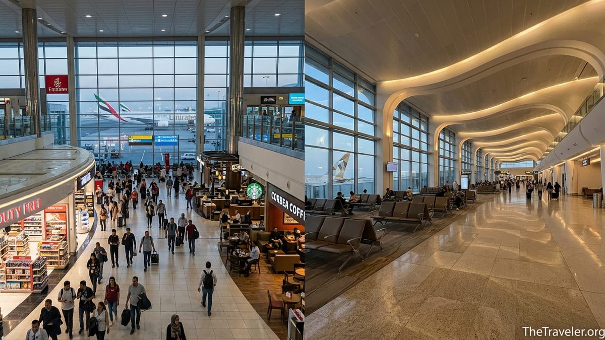 Interior view comparing busy Dubai airport concourse with calmer Abu Dhabi Zayed Terminal A at twilight.