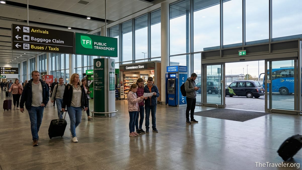 Travelers walking through Dublin Airport arrivals hall toward baggage claim and ground transport signs.