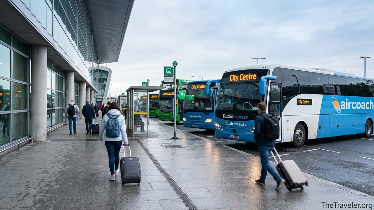 Passengers boarding Dublin Airport buses to Dublin city centre outside the terminal.