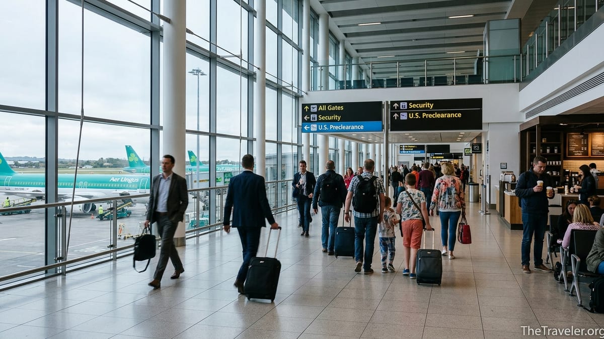 Travelers walk toward security and U.S. preclearance in Dublin Airport Terminal 2 departures.