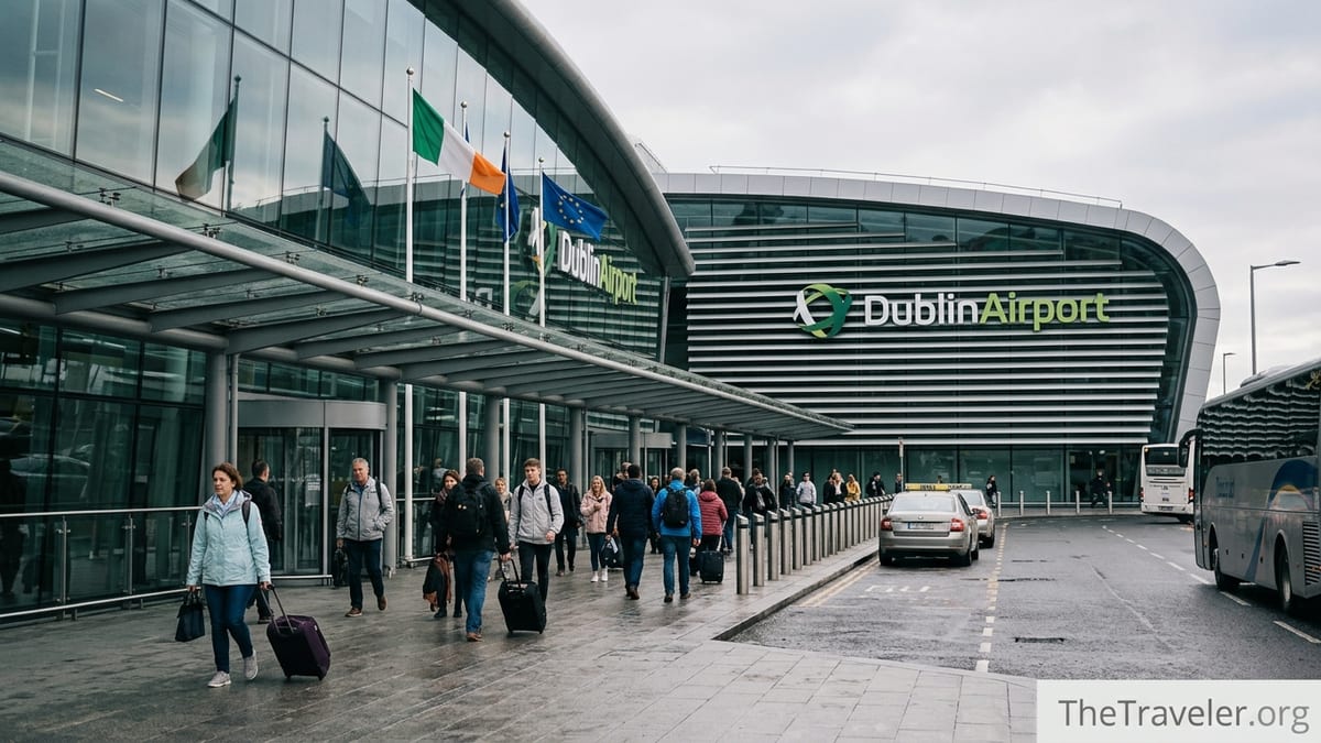 Travelers outside Dublin Airport Terminal 2 with taxis and buses at the curb on a cloudy day.
