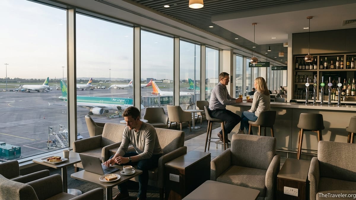 Travelers relaxing with drinks in a bright Dublin Airport lounge overlooking aircraft on the tarmac.
