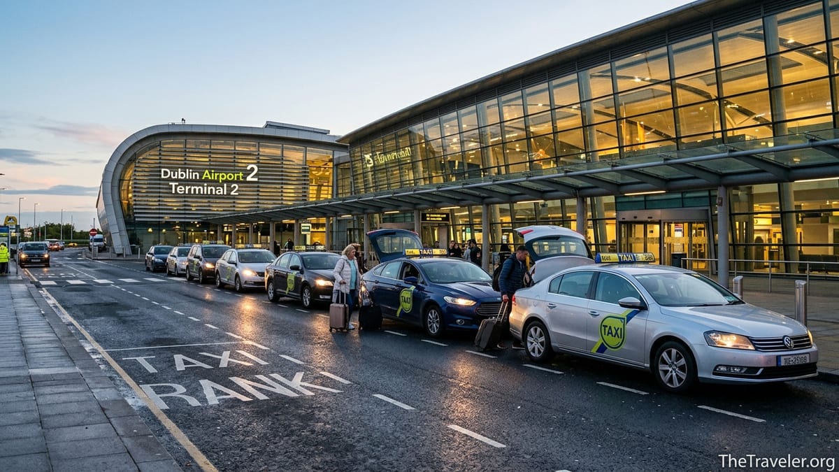 Taxi rank outside Dublin Airport Terminal 2 in early evening with travelers and waiting cabs.