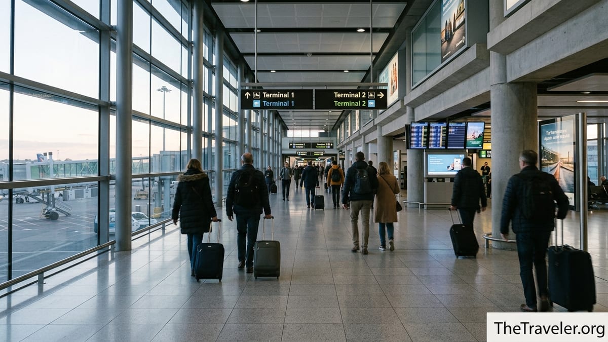 Passengers walking between Dublin Airport Terminal 1 and Terminal 2 along a covered glass walkway.