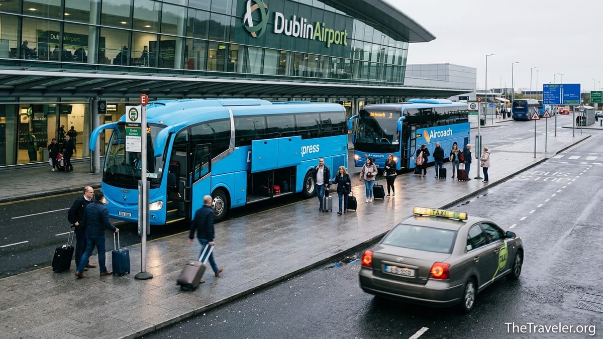 Travelers with luggage boarding buses and taxis outside Dublin Airport terminal.