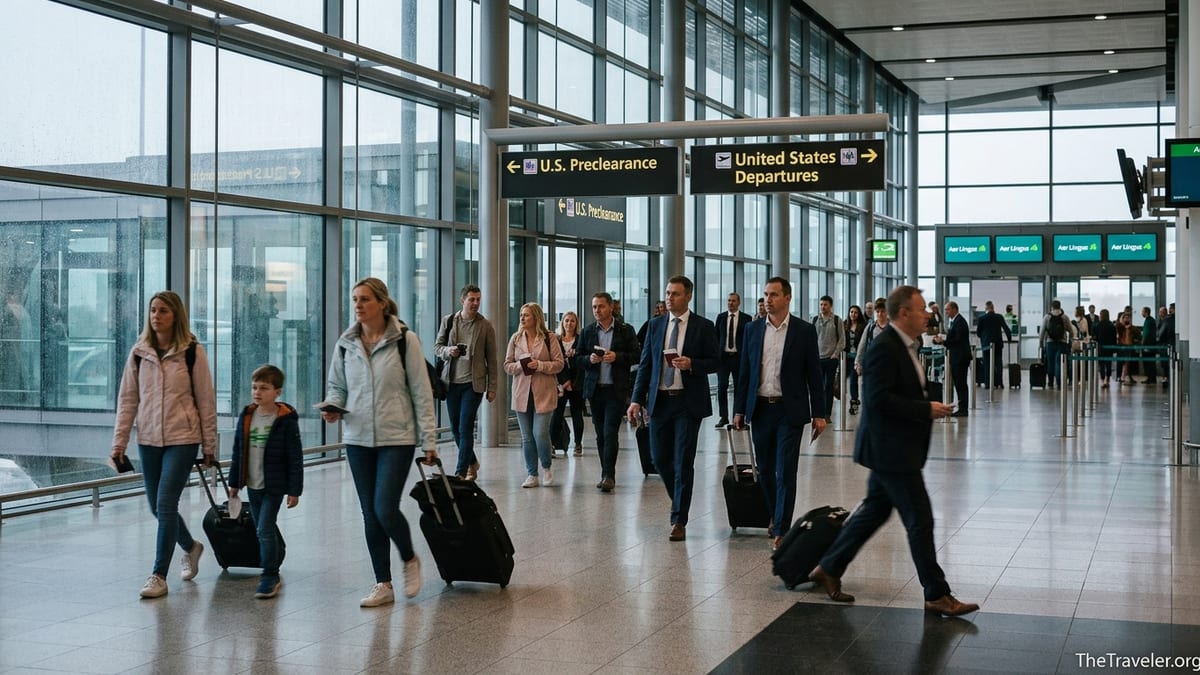 Travelers walking toward the U.S. Preclearance area in Dublin Airport Terminal 2.
