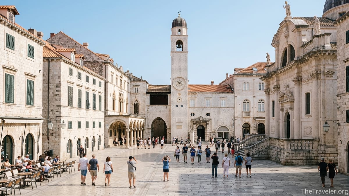 Dubrovnik Bell Tower above Luza Square with people walking on the stone-paved Stradun.