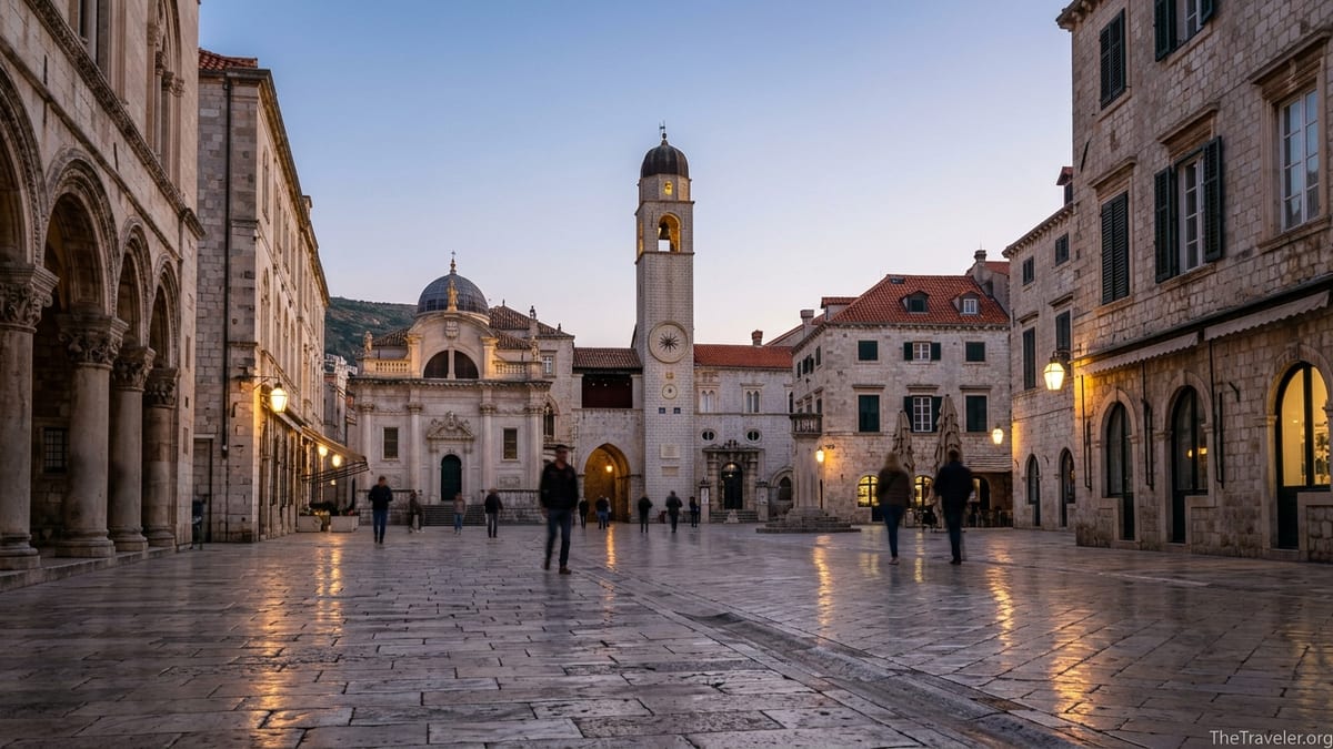 Evening view of Dubrovnik’s Bell Tower above Luža Square with glowing street lamps and polished stone pavement.