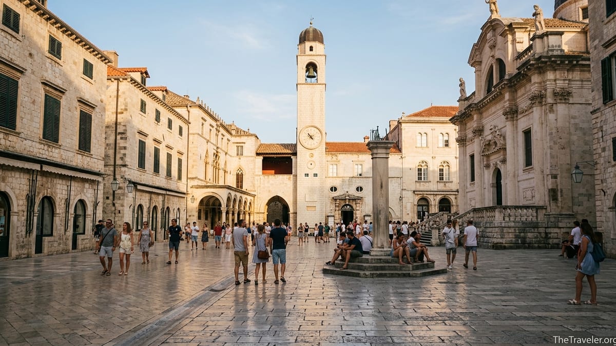Dubrovnik’s Bell Tower rising over Luza Square at dusk with people walking along Stradun.