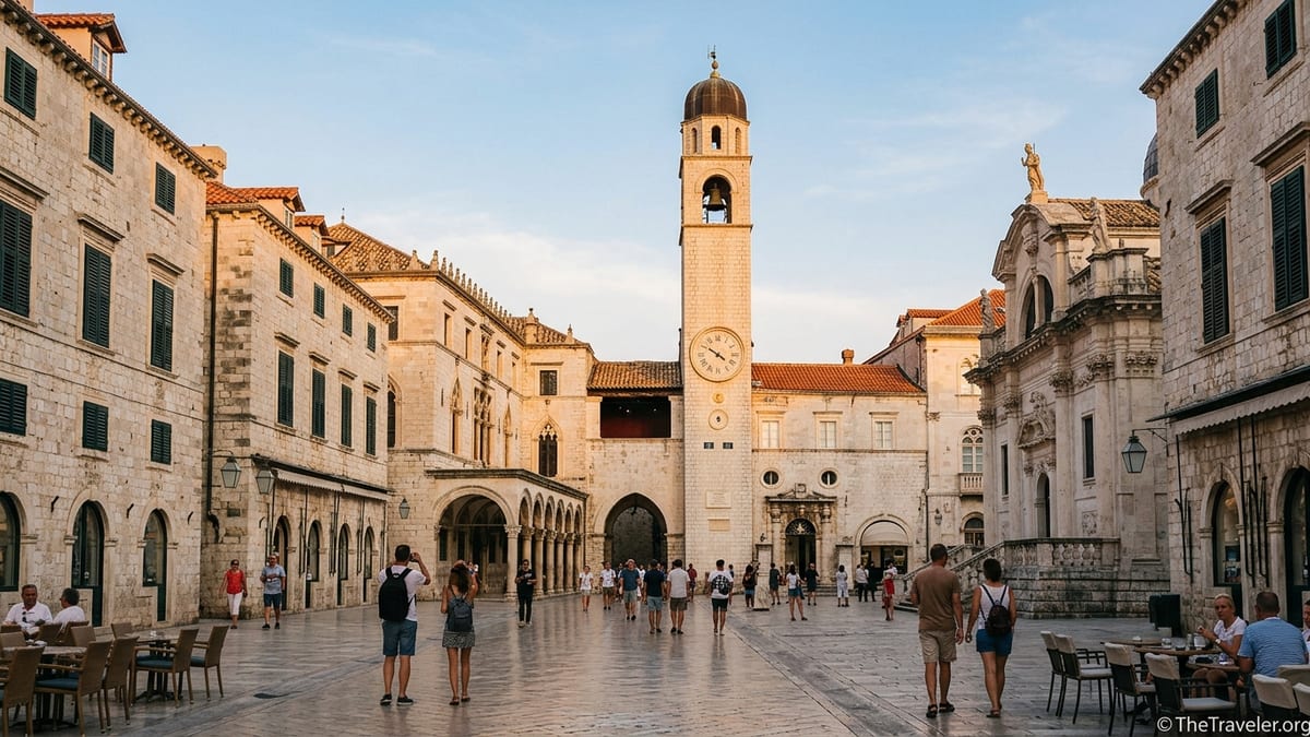 Dubrovnik’s Bell Tower rising over Luža Square at the end of Stradun in the Old Town at golden hour.