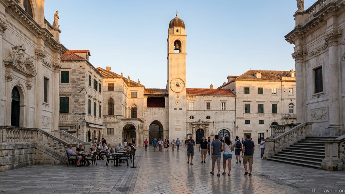 Golden hour view along Stradun toward Dubrovnik’s Bell Tower with locals and travelers walking.