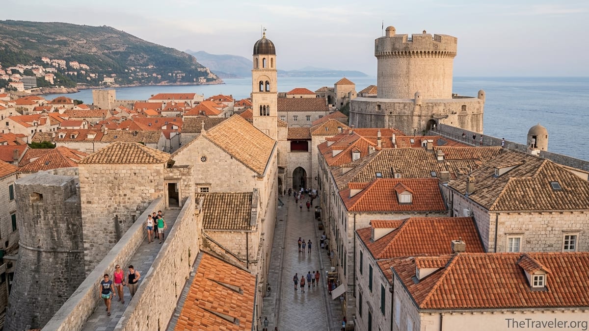 View over Dubrovnik’s Old Town showing Minčeta Tower on the walls and the City Bell Tower above Stradun.