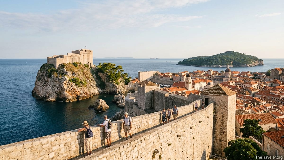 View from Dubrovnik city walls over rooftops, Fort Lovrijenac and the Adriatic Sea at golden hour.