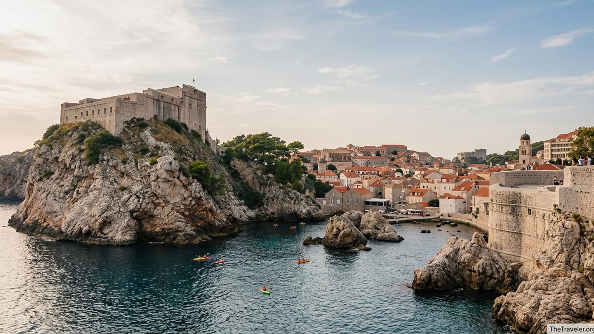 View of Dubrovnik City Walls and Fort Lovrijenac above the Adriatic Sea at late afternoon.