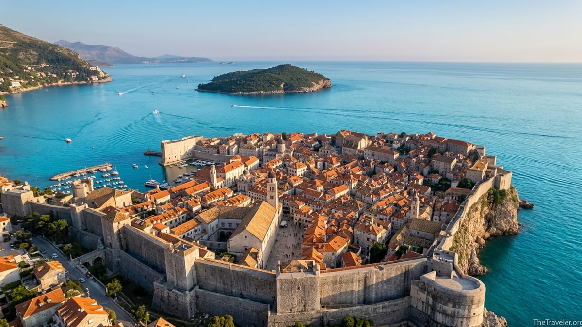 Aerial view of Dubrovnik Old Town walls and terracotta rooftops above the Adriatic Sea at golden hour.