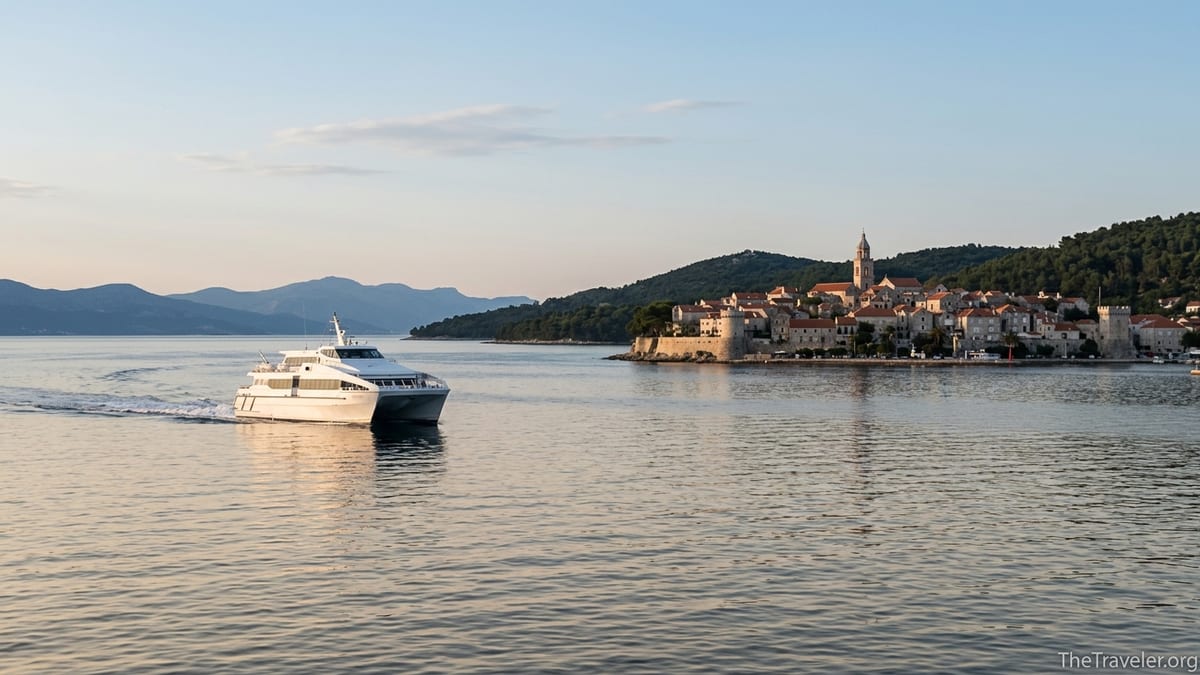 Catamaran ferry approaching Korčula’s historic waterfront under soft afternoon light
