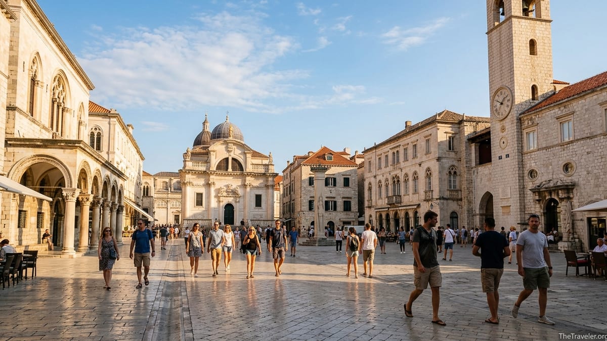 View across Dubrovnik’s Luža Square from beside the bell tower toward Sponza Palace and St Blaise Church.