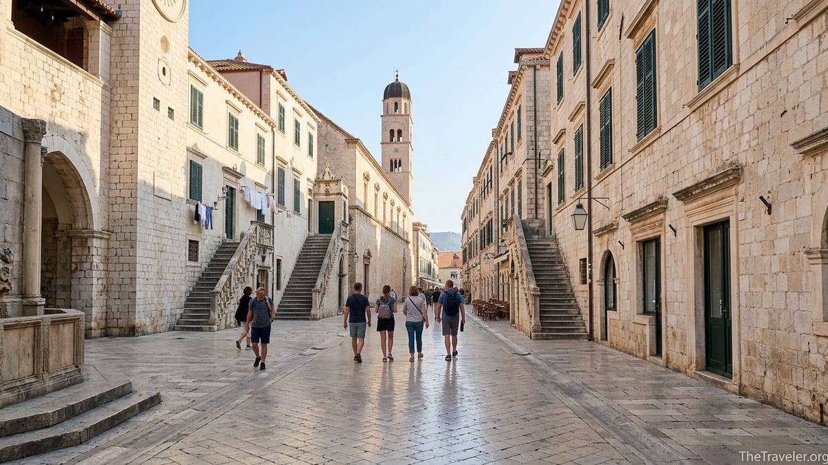 Early morning view along Dubrovnik’s Stradun with a few people and side alleys rising in stone steps.