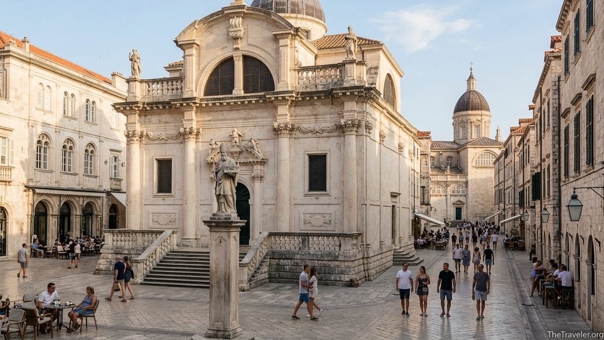 Golden hour view of Dubrovnik’s Church of St Blaise with the cathedral dome behind.