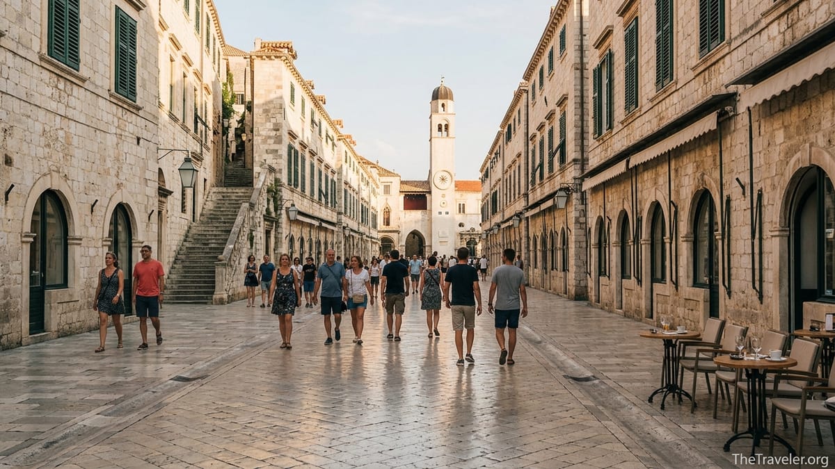 Golden hour view along Dubrovnik’s Stradun with stone facades, cafes and strolling pedestrians.