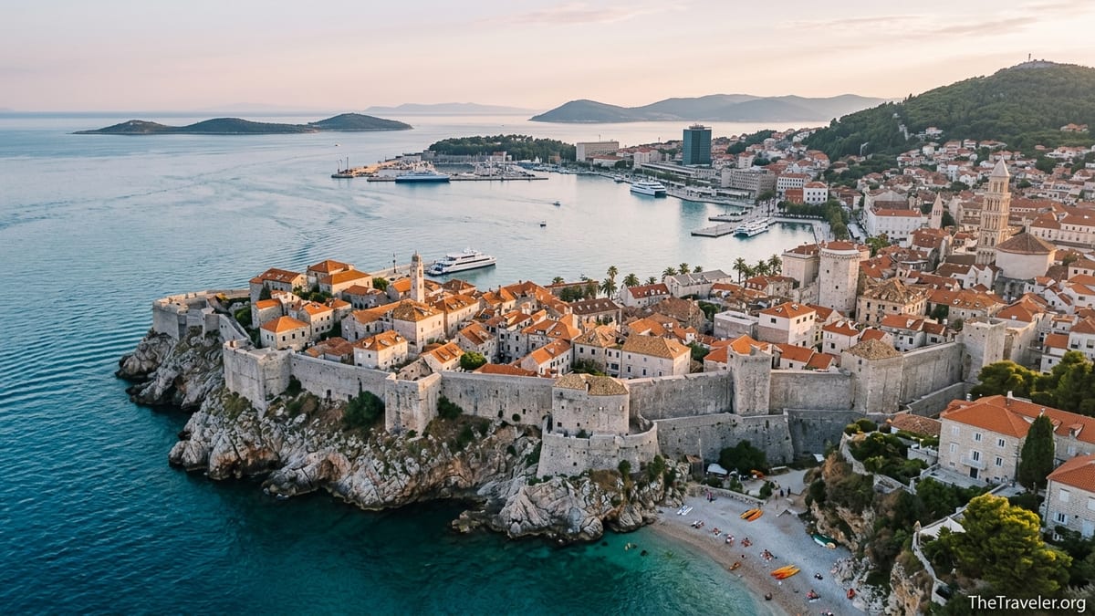 Aerial view of a walled Croatian old town and a larger harbor city on the Adriatic coast at sunset.