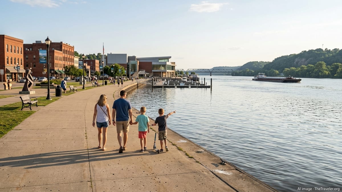 Family walking along the Mississippi Riverwalk in Dubuque, Iowa, with museum and river in view.