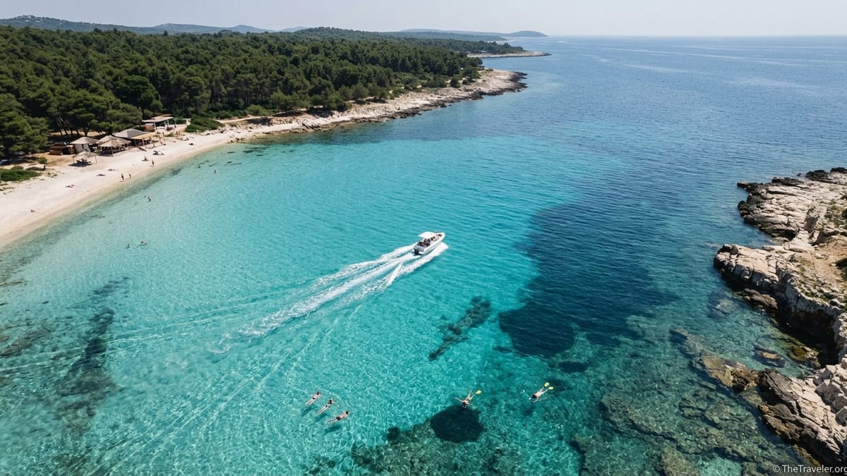 A speedboat near Sakarun Beach on Dugi Otok, Croatia, with turquoise water, pines and limestone coastline.
