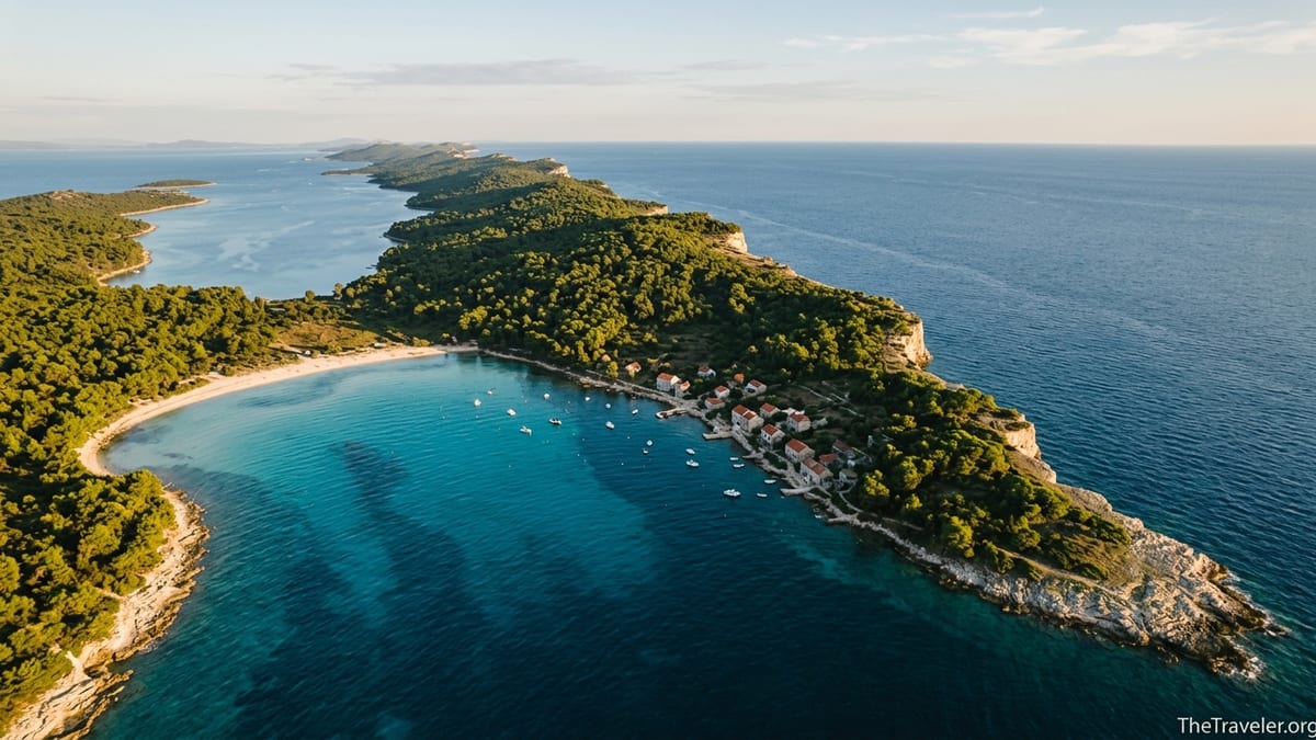 Aerial view of Dugi Otok with turquoise bay, sandy beach and rocky Adriatic coastline at sunset.