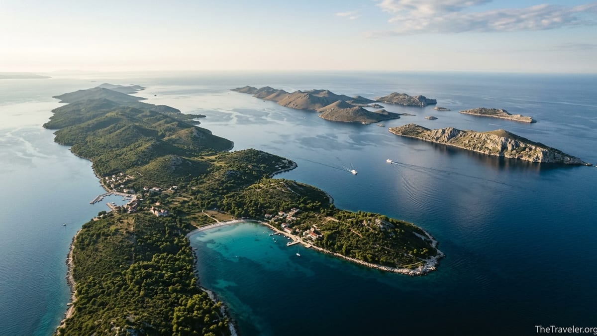Aerial view of Dugi Otok and distant Kornati islets in the Adriatic at sunset.