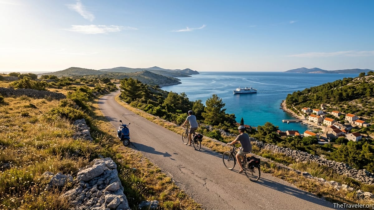 Cyclists and a scooter on a quiet coastal road above a village bay on Dugi Otok, Croatia.