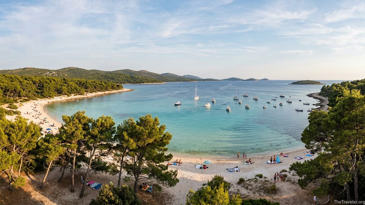 Wide view of Sakarun beach on Dugi Otok with turquoise water, pale sand and scattered visitors on a quiet summer afternoon.