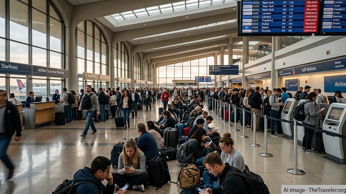 Crowded Washington Dulles terminal with stranded passengers waiting among long lines and departure boards showing delays andc
