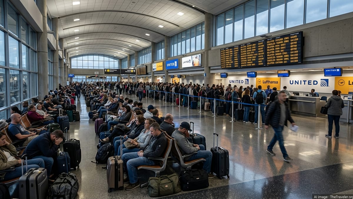 Crowded Washington Dulles departure hall with stranded passengers queuing at airline desks and watching delayed flight boards