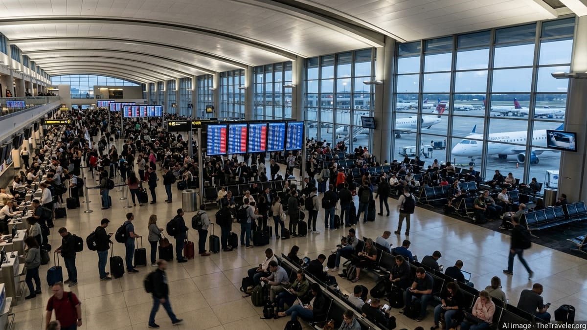 Crowded evening scene inside Washington Dulles airport with delays on departure boards.