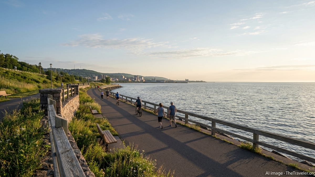 Early morning walkers on Duluth’s Lakewalk beside calm Lake Superior.
