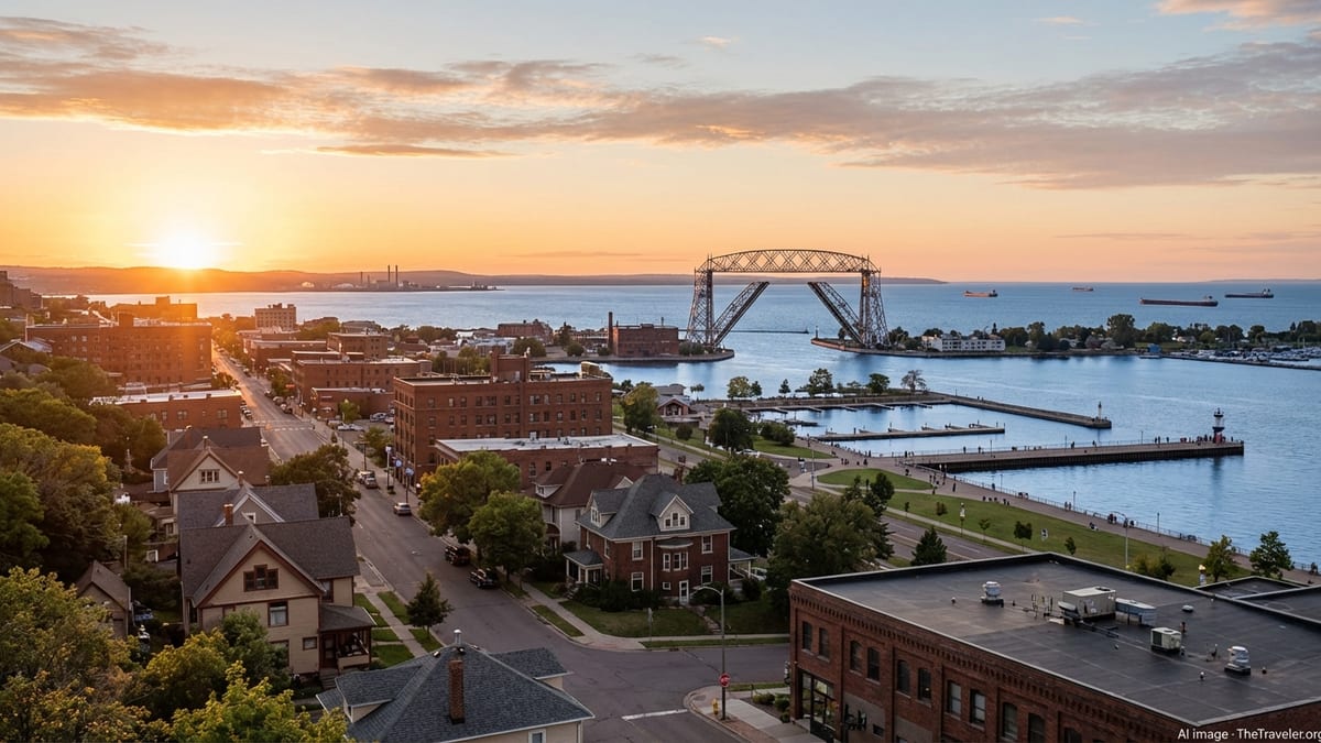 Elevated view over Duluth’s hillside toward the harbor, Aerial Lift Bridge, and Lake Superior at golden hour.