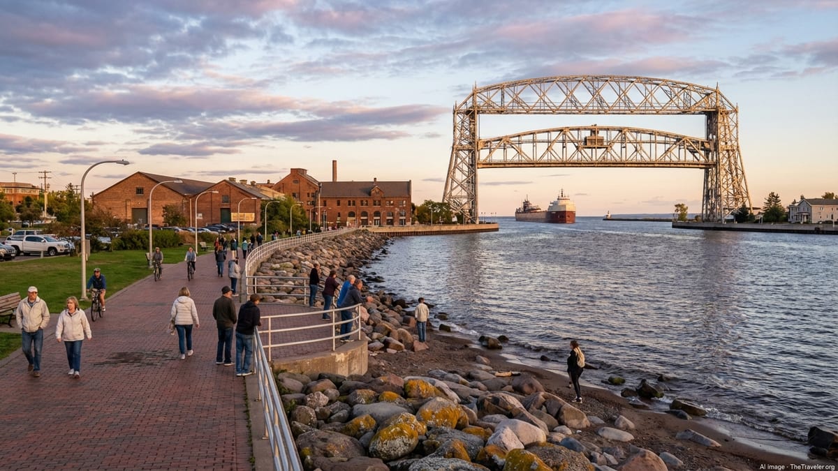View of Duluth’s Canal Park Lakewalk and Aerial Lift Bridge on a calm summer evening.