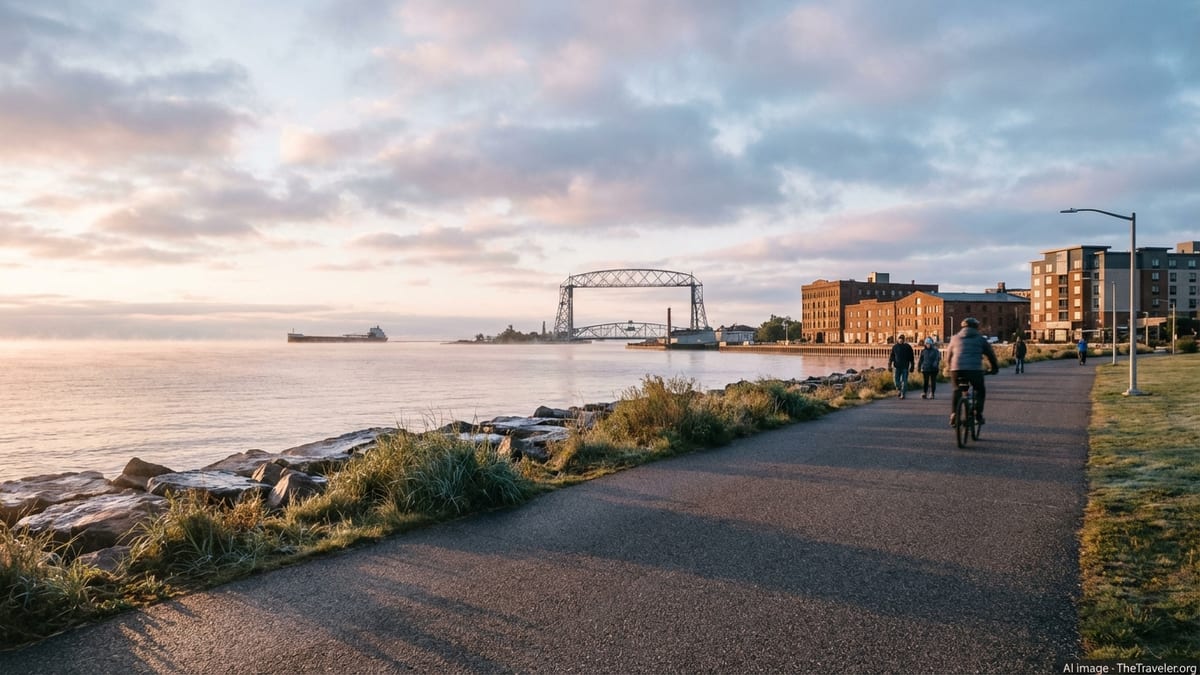 Sunrise over Duluth’s Canal Park Lakewalk with the Aerial Lift Bridge and Lake Superior in view.
