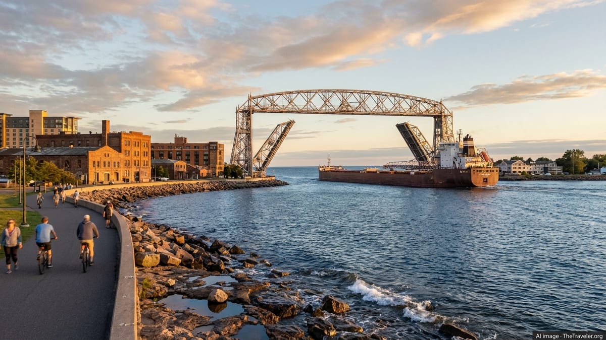 Duluth’s Lake Superior waterfront with the Aerial Lift Bridge, freighter, and people walking along the Lakewalk at sunset.