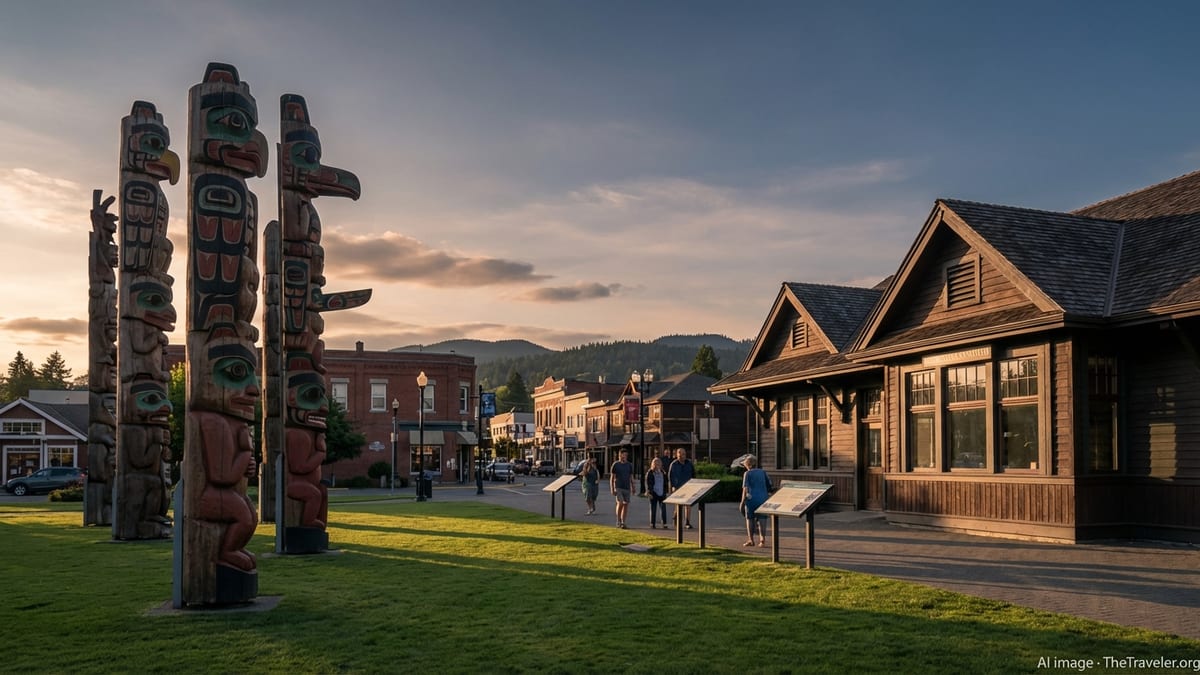 Totem poles beside Duncan’s historic railway station in evening light, with downtown and Cowichan Valley hills behind.